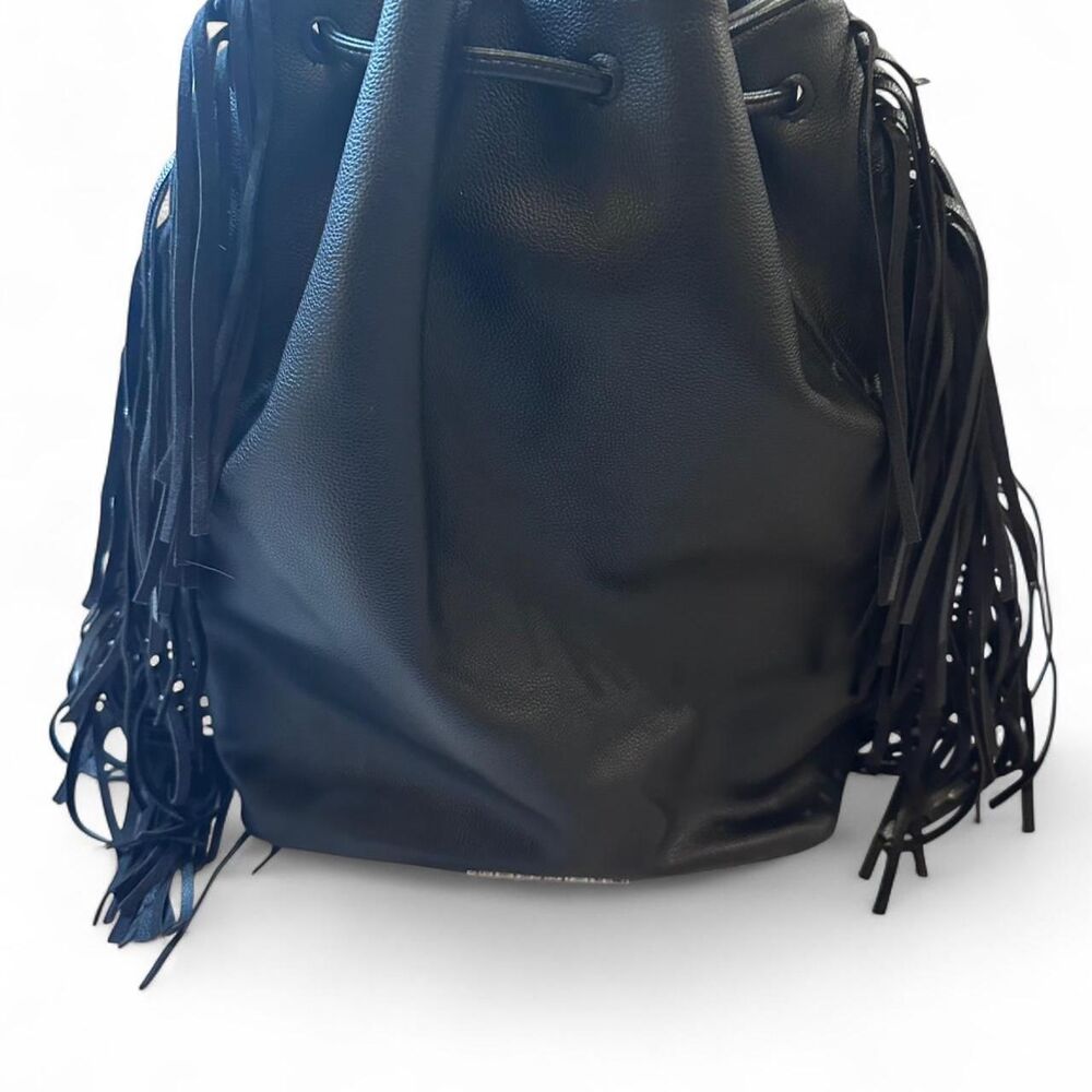 Victoria Secret Black Faux Leather Boho Bucket Bag/ Backpack w/ Fringe